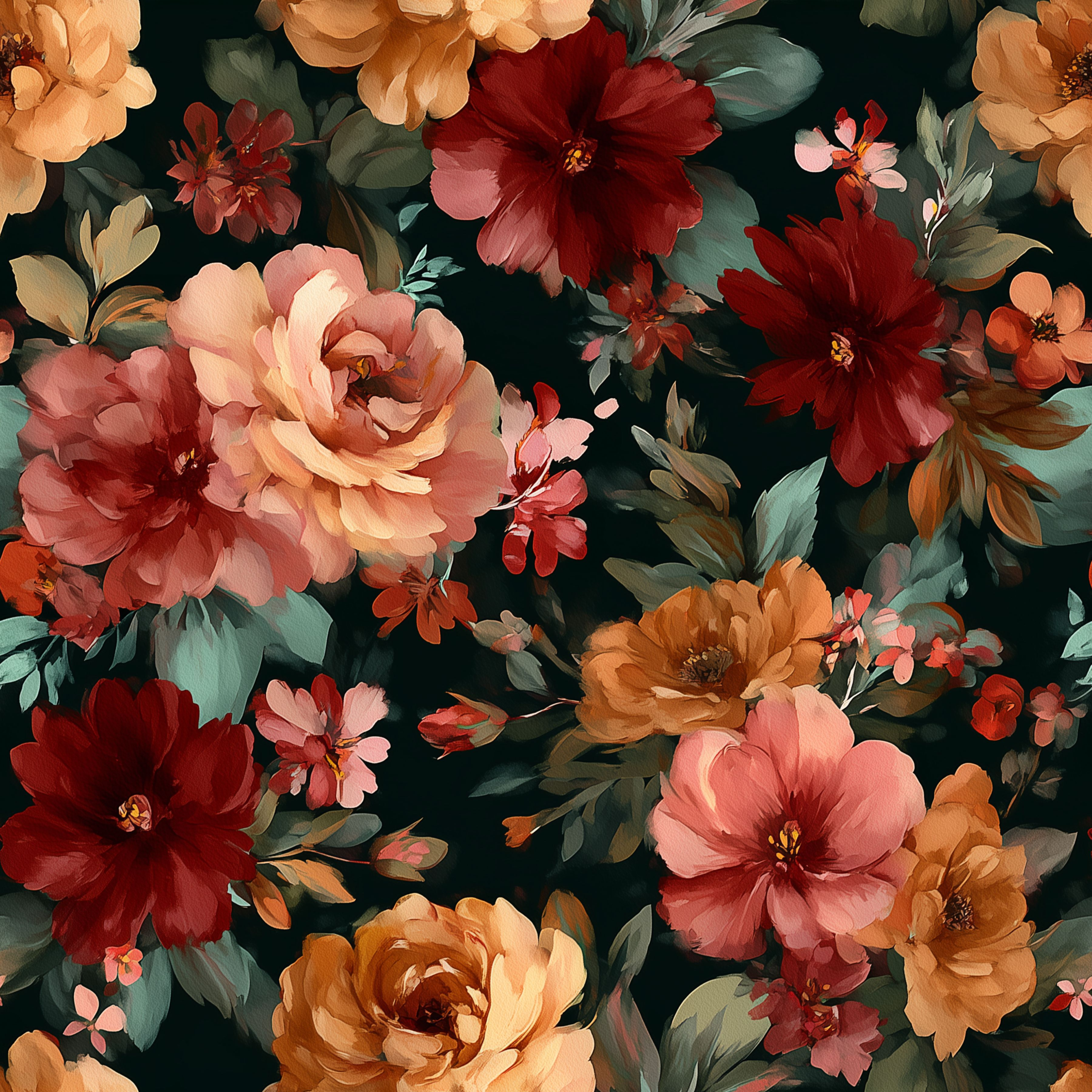 Floral pattern with red, pink, and orange flowers on a dark background